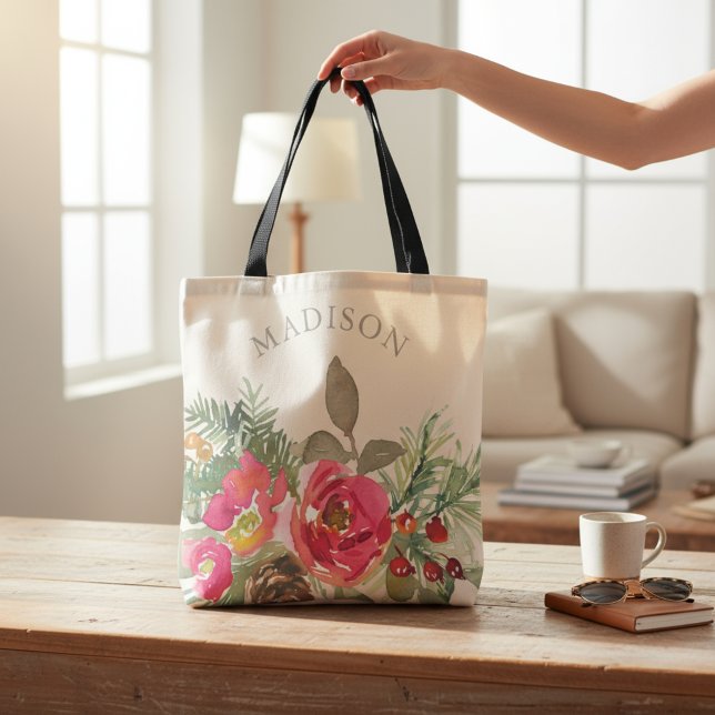 Watercolor Chic Winter Floral Personalized Name Tote Bag (Creator Uploaded)