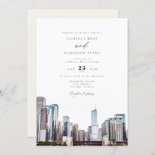 Watercolor Chicago Skyline Wedding Invitation