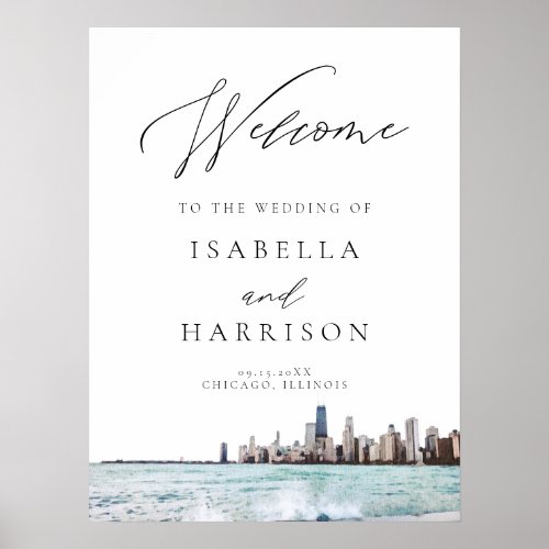 Watercolor Chicago Skyline Wedding Welcome Poster
