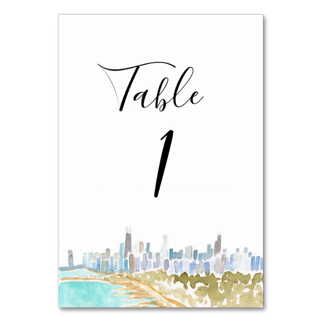 Watercolor Chicago Wedding Table Numbers (Front)
