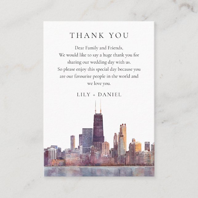 Watercolor Chicago Wedding Thank You Place Card (Front)