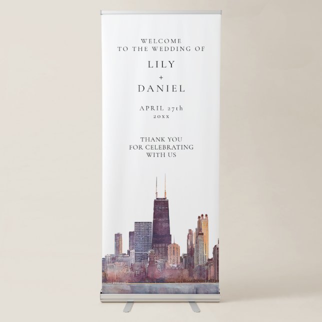 Watercolor Chicago Wedding Welcome Retractable Banner (Front)