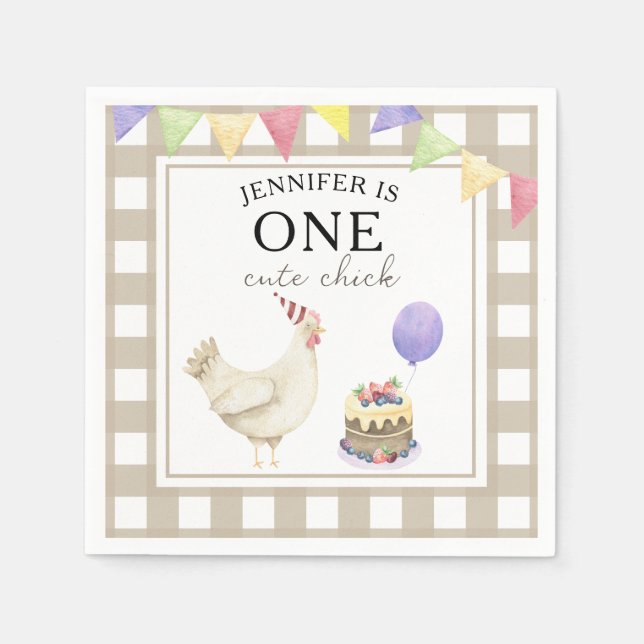 Watercolor Chick 1st birthday Napkins (Front)