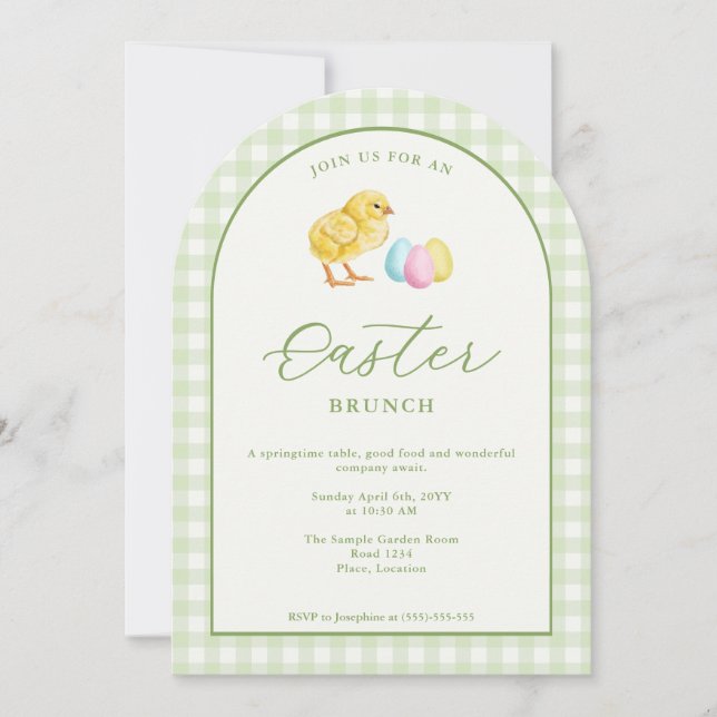 Watercolor Chick And Eggs Green Easter Brunch Invitation (Front)