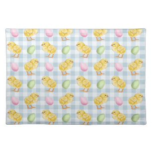 Watercolor Chick And Eggs On Blue Gingham Pattern Cloth Placemat