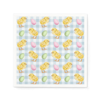 Watercolor Chick And Eggs On Blue Gingham Pattern Napkins