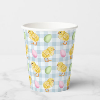 Watercolor Chick And Eggs On Blue Gingham Pattern Paper Cups