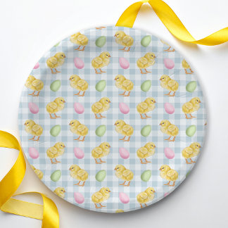 Watercolor Chick And Eggs On Blue Gingham Pattern Paper Plates