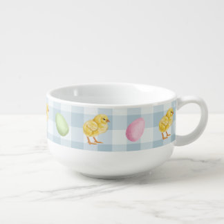 Watercolor Chick And Eggs On Blue Gingham Pattern Soup Mug
