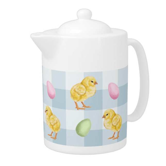 Watercolor Chick And Eggs On Blue Gingham Pattern Teapot (Right)