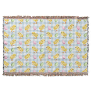 Watercolor Chick And Eggs On Blue Gingham Pattern Throw Blanket