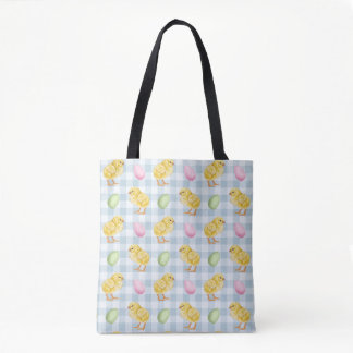 Watercolor Chick And Eggs On Blue Gingham Pattern Tote Bag