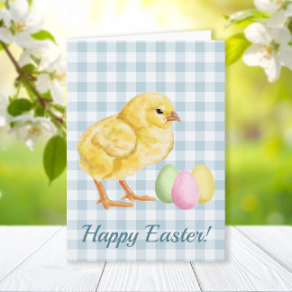 Watercolor Chick And Eggs On Blue Happy Easter Card