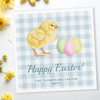 Watercolor Chick And Eggs On Blue Happy Easter Napkins