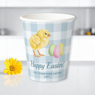 Watercolor Chick And Eggs On Blue Happy Easter Paper Cups