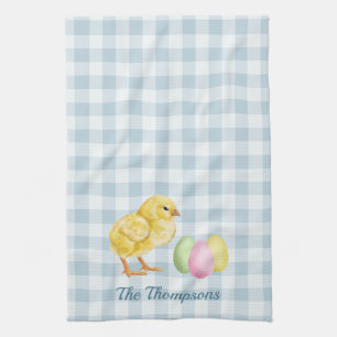 Watercolor Chick And Eggs On Blue With Name Kitchen Towel