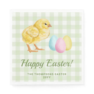 Watercolor Chick And Eggs On Green Happy Easter Napkins