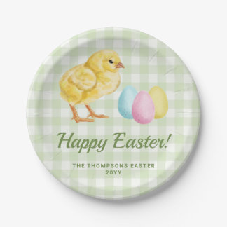 Watercolor Chick And Eggs On Green With Text Paper Plates
