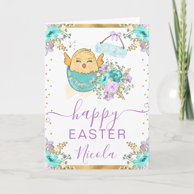 Watercolor Chick and Flowers Happy Easter Card (Front)