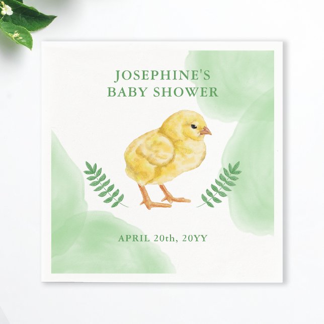 Watercolor Chick And Green Leaves Baby Shower Napkins (Creator Uploaded)