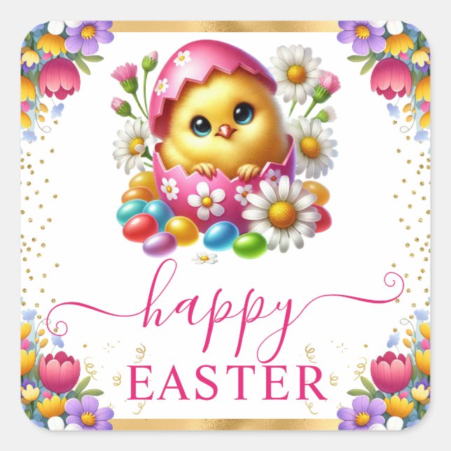 Watercolor Chick Spring Flowers Happy Easter Square Sticker (Front)