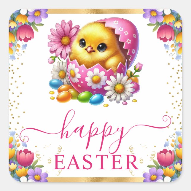 Watercolor Chick Spring Flowers Happy Easter Square Sticker (Front)