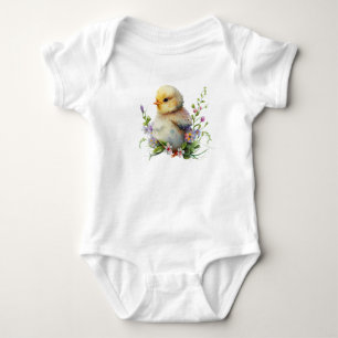 Watercolor Chick with Flowers Baby Bodysuit