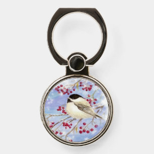 Watercolor Chickadee Bird Berries Winter Christmas Phone Ring Stand