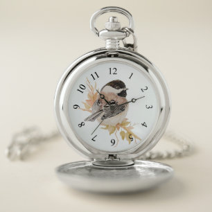 Watercolor Chickadee Bird Birding Pocket Watch