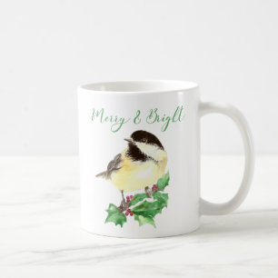 Watercolor Chickadee Bird Merry & Bright Christmas Coffee Mug