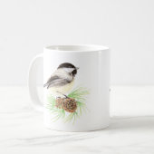 Watercolor Chickadee Bird & Pine Nature art Coffee Mug (Front Left)