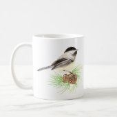 Watercolor Chickadee Bird & Pine Nature art Coffee Mug (Left)