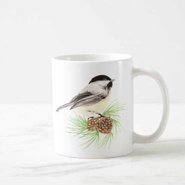 Watercolor Chickadee Bird & Pine Nature art Coffee Mug (Right)