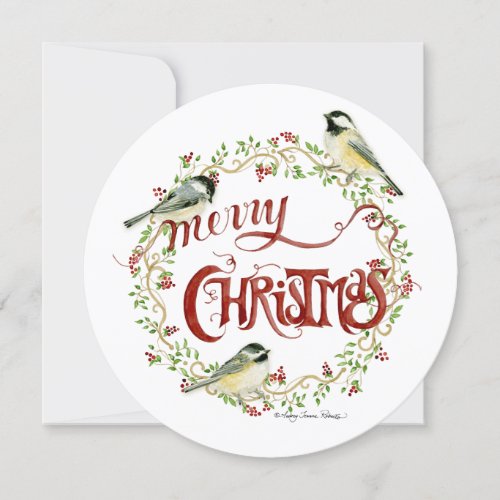 Watercolor Chickadee Birds Merry Christmas Wreath Holiday Card