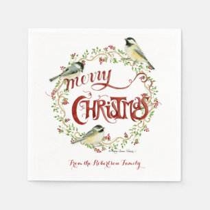 Watercolor Chickadee Birds Merry Christmas Wreath Napkins