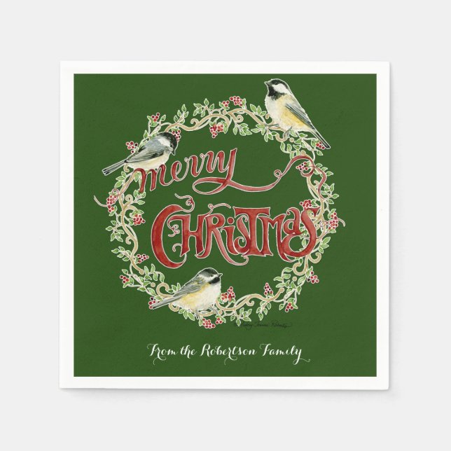 Watercolor Chickadee Birds Merry Christmas Wreath Paper Napkins (Front)