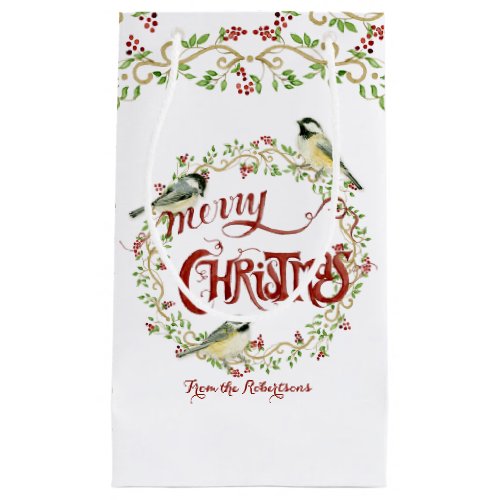 Watercolor Chickadee Birds Merry Christmas Wreath Small Gift Bag