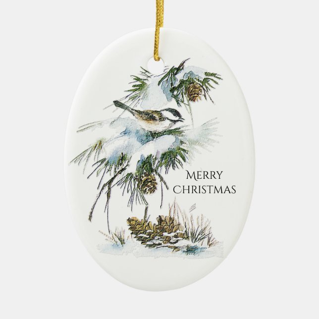 Watercolor Chickadee Ceramic Ornament (Front)