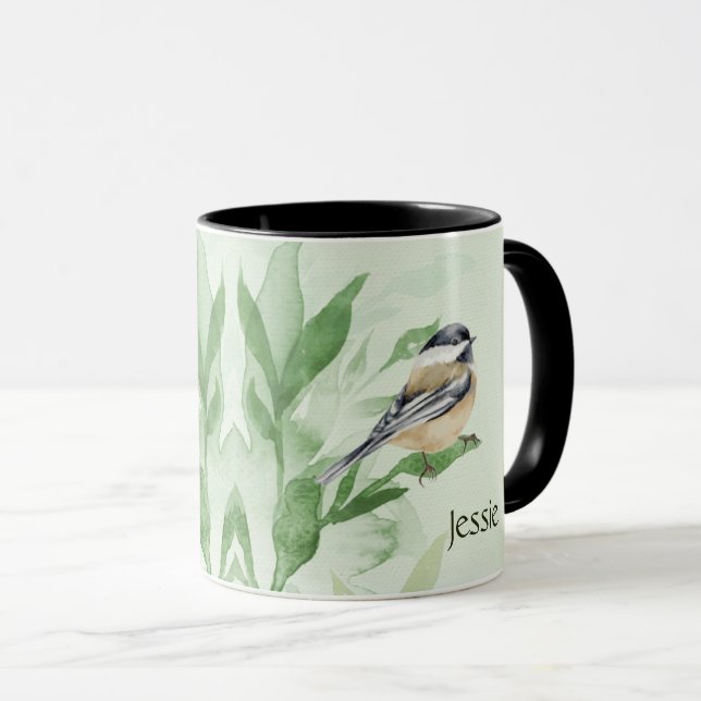 Watercolor Chickadee Garden Bird Custom Name  Mug (Front Right)
