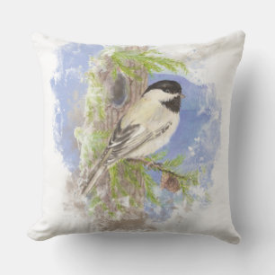 Watercolor Chickadee in Spruce Tree Bird Nature Throw Pillow