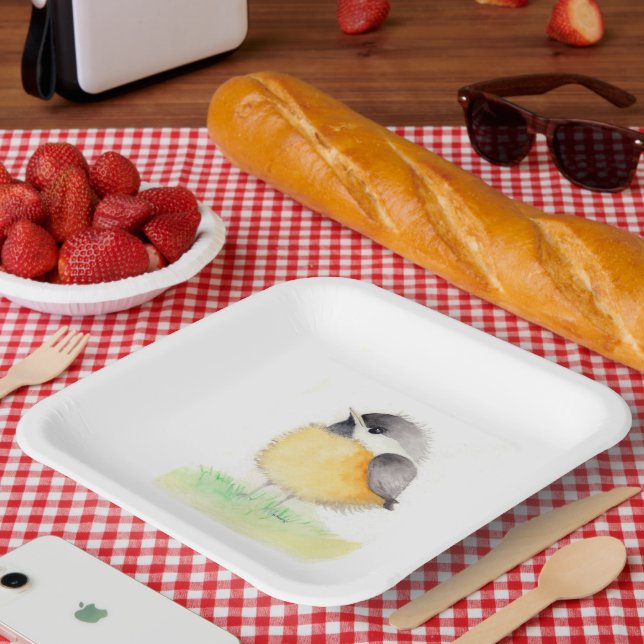 Watercolor Chickadee Paper Plates (Picnic)