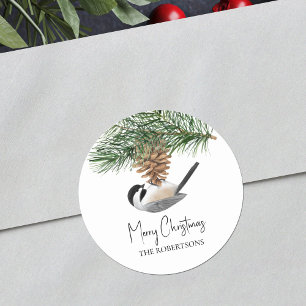 Watercolor Chickadee Pine Cone Christmas Classic Round Sticker