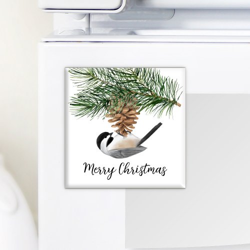 Watercolor Chickadee Pine Cone Winter Christmas  Magnet