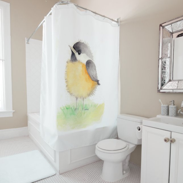 Watercolor Chickadee Shower Curtain (In Situ)