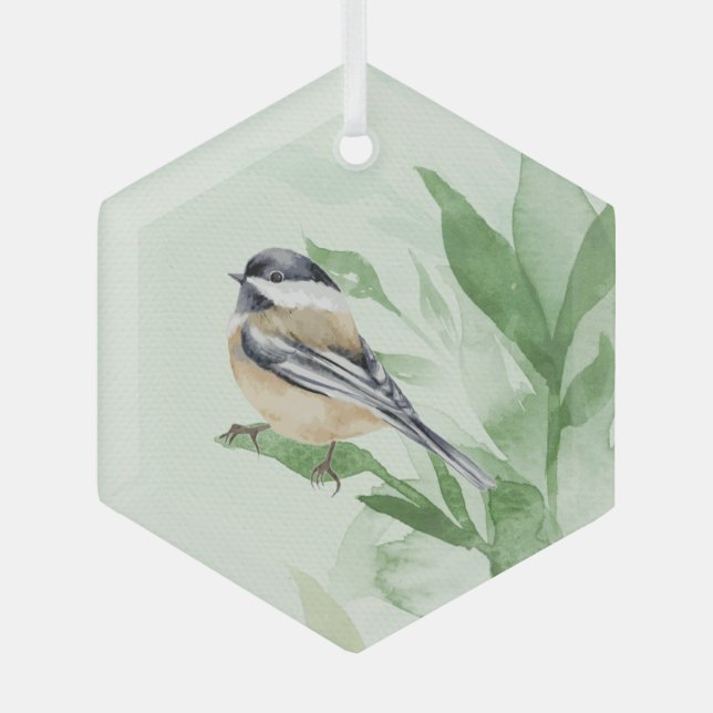 Watercolor Chickadee Spring Willow Leaves  Glass Ornament (Front)