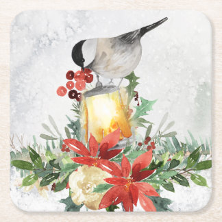 Watercolor Chickadee Square Paper Coaster
