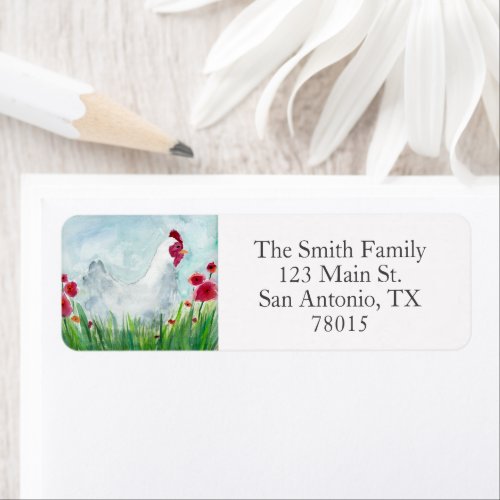 Watercolor Chicken and Poppies Address Label