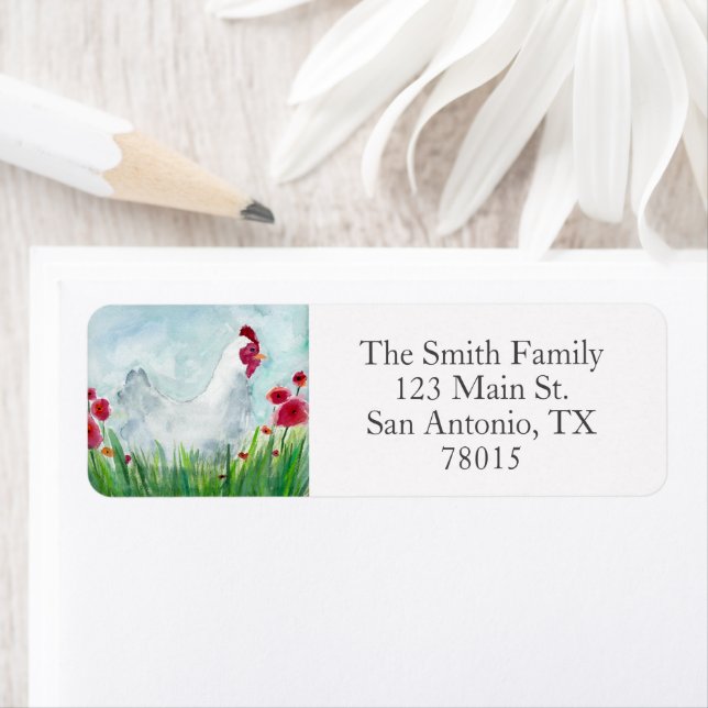 Watercolor Chicken and Poppies Address Label (Insitu)