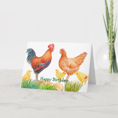 Watercolor Chicken Family Birthday Card