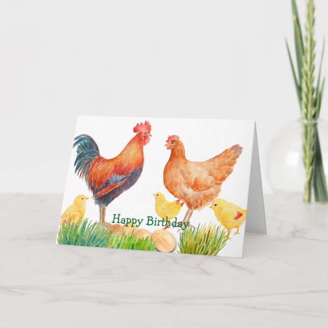 Watercolor Chicken Family Birthday Card (Front)
